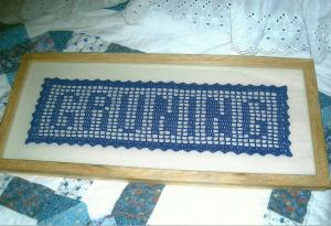 Name Plaque Hand Crocheted ( Your Name ) With Frame and Glass Ready to Hang