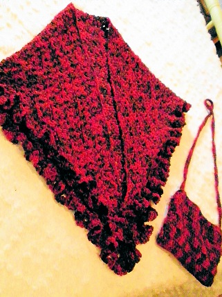Red & Black Crocheted Shawl with Matching Mini Purse