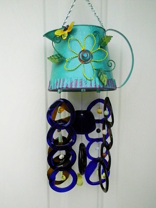 Blue Watering Can with Brown & Blue Rings - Glass Wind Chimes