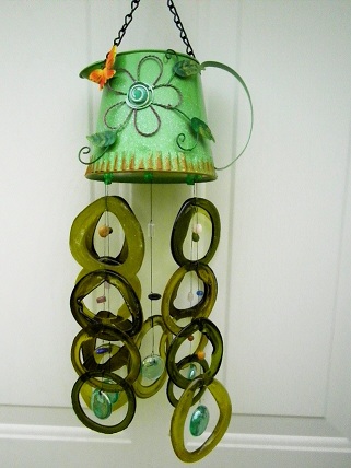 Green Watering Can with Green Rings - Glass Wind Chimes