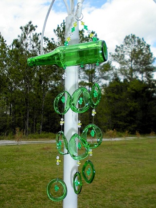 Green Bottle with Yellow Beads Wind Chimes