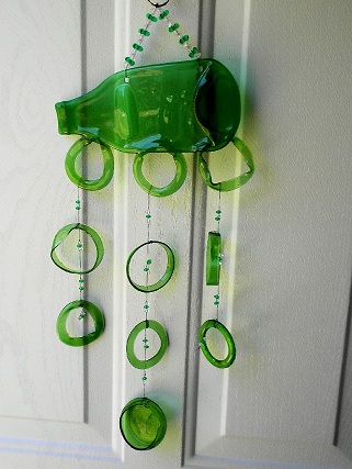 Flat Green Bottle with Green Rings - Glass Wind Chimes