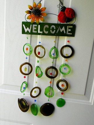 Welcome With Green & Brown Colored Rings - Glass Wind Chimes