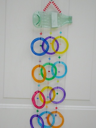 Coke Bottle with Multi-Colored Rings - Glass Wind Chimes