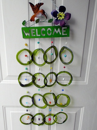 Welcome with Large Green Rings - Glass Wind Chimes