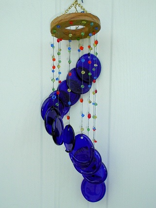 Spiral Chimes with Blue Rings & Beads - Glass Wind Chimes