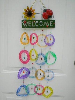 Welcome Ladybug with Multi Colored Rings - Glass Wind Chimes