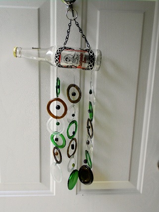 Rattle Snake Beer Bottle with Green, Brown & Clear Rings & Beads - Glass Wind Chimes