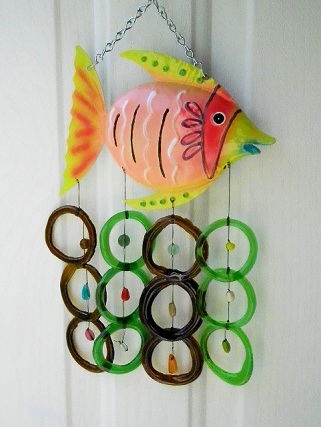 Pink Fish with Green & Brown Rings - Glass Wind Chimes