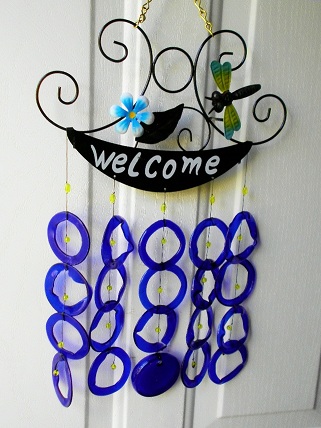 Welcome Dragonfly with Blue Rings - Glass Wind Chimes