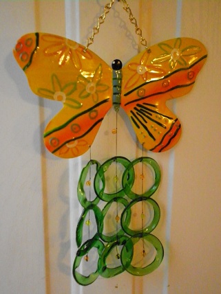 Orange Butterfly with Green Rings - Glass Wind Chimes