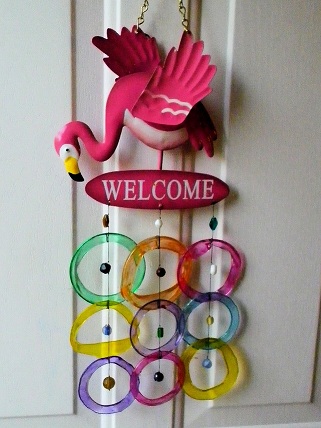 Welcome Pink Flamingo with Multi Colored Rings - Glass Wind Chimes