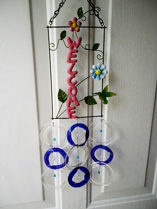Welcome with Blue & Clear Rings - Glass Wind Chimes