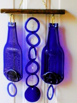 2 Blue Bottles with Blue Rings - Glass Wind Chimes