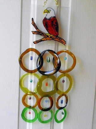 Painted Eagle with Brown & Green Rings - Glass Wind Chimes
