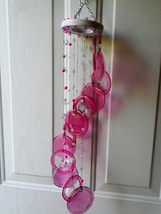 Spiral with Pink Rings & Pink Bottle Bottoms - Glass Wind Chimes