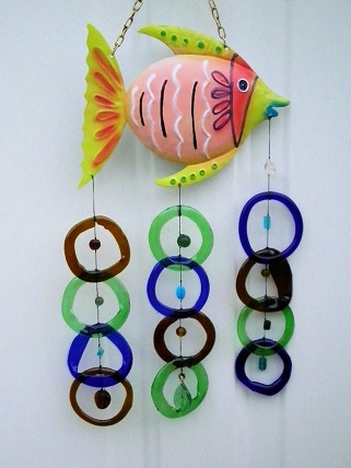 Pink Fish with Multi Colored Rings - Glass Wind Chimes