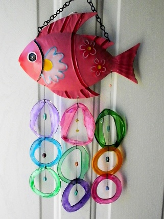 Pink Fish with Multi Colored Rings - Glass Wind Chimes