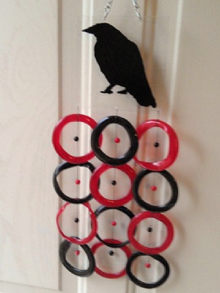 Raven with Red & Black Rings - Glass Wind Chimes