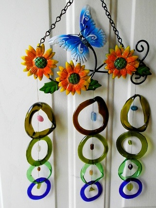 Blue Butterfly with Multi Colored Rings - Glass Wind Chimes