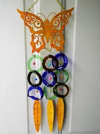 Orange Butterfly with Multi Colored Rings - Glass Wind Chimes