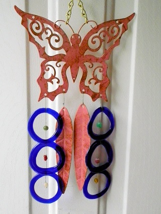Pink Butterfly with Pink Feathers & Blue Rings - Glass Wind Chimes