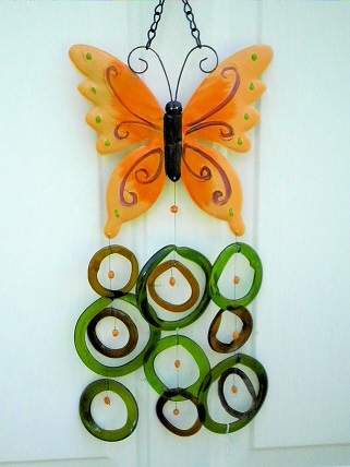 Orange Butterfly with Multi Colored Rings - Glass Wind Chimes