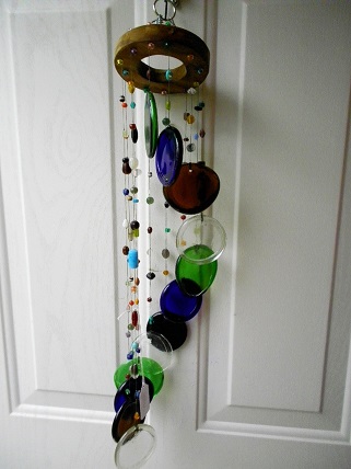 Spiral with Multi Colored Bottle Bottoms - Glass Wind Chimes