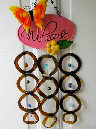 Pink Welcome with Brown Rings - Glass Wind Chimes