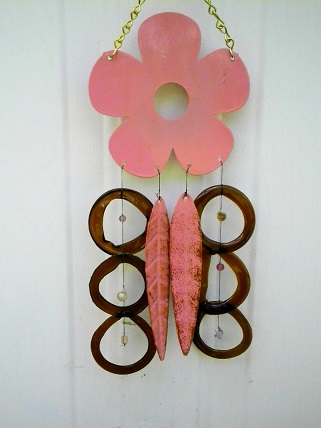 Pink Flower with Brown Rings & Pink Feathers - Glass Wind Chimes