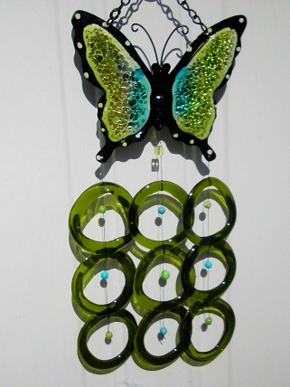 Green & Turquoise Butterfly with Green Rings - Glass Wind Chimes