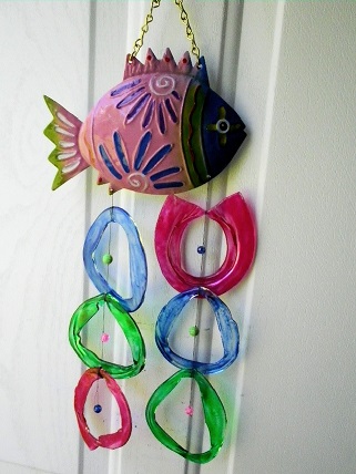 Pink & Blue Fish with Multi Colored Rings - Glass Wind Chimes