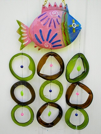 Pink Fish with Brown & Green Rings - Glass Wind Chimes