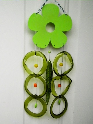 Green Flower with Green Rings & Green Leaf - Glass Wind Chimes