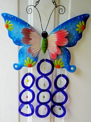 Blue Double Wing Butterfly with Blue Rings - Glass Wind Chimes