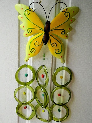 Yellow Butterfly with Green Rings - Glass Wind Chimes