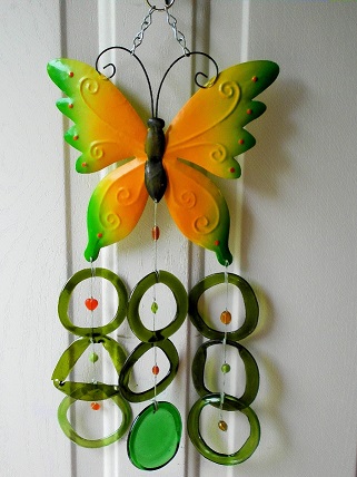 Orange & Green Butterfly with Green Rings - Glass Wind Chimes