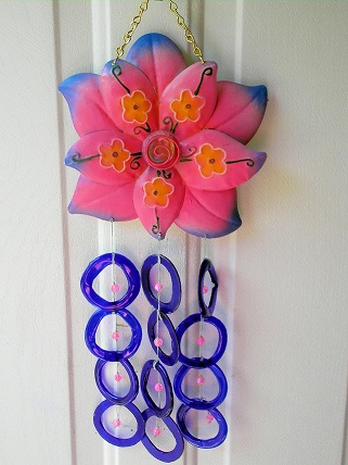 Pink Dahalia with Blue Rings - Glass Wind Chimes