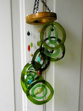 Spiral with Double Green Rings - Glass Wind Chimes