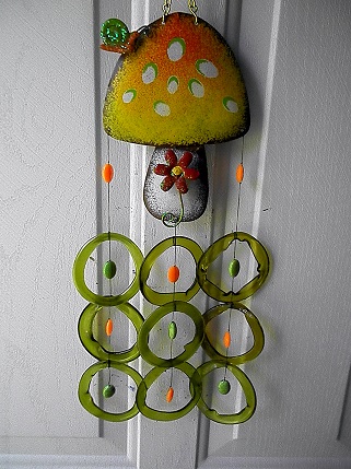 Orange Mushroom with Green Rings - Glass Wind Chimes