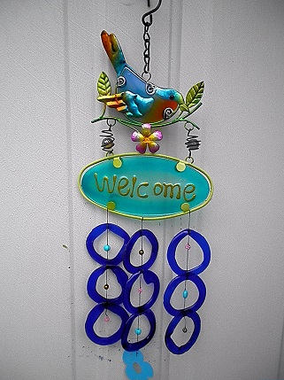 Welcome Blue Bird with Blue Rings - Glass Wind Chimes