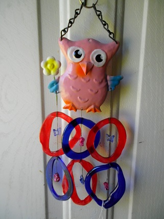 Pink Owl with Red and Blue Rings - Glass Wind Chimes
