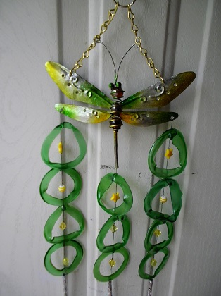 Green Dragonfly with Green Rings - Glass Wind Chimes