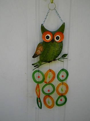 Welcome Owl with Green & Orange Rings - Glass Wind Chimes