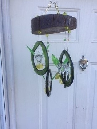 Green and Yellow Birds with Green Rings - Glass Wind Chimes