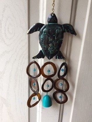 Aqua Turtle with Brown Rings and Bell - Glass Wind Chimes
